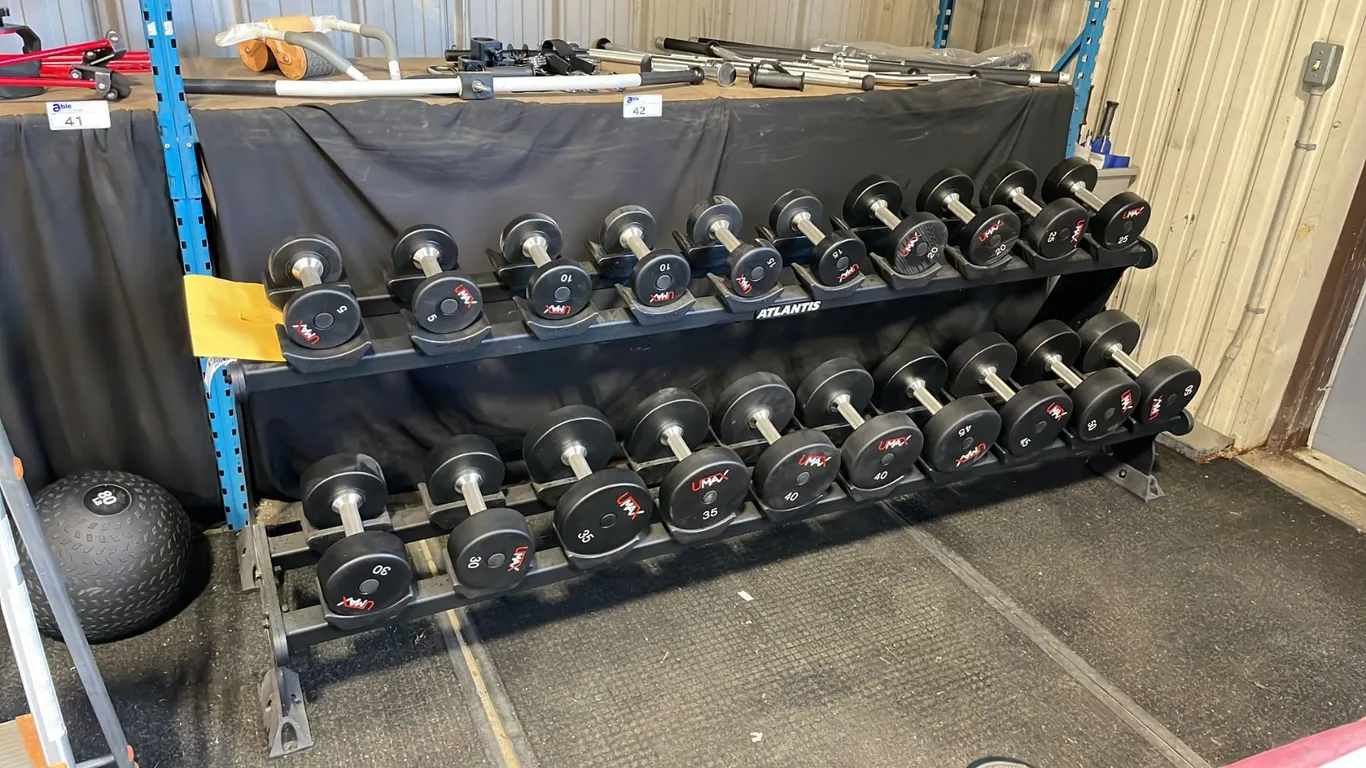 ATLANTIS STRENGTH S-187 COMMERCIAL 10 PAIR DUMBBELL RACK WITH UMAX DUMBBELL WEIGHTS (5LB-50LB)