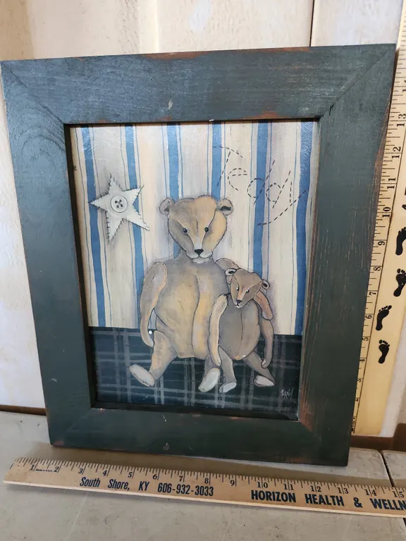 David Folk Art Teddy Bear Print W/Wood Frame 12.5"X15"