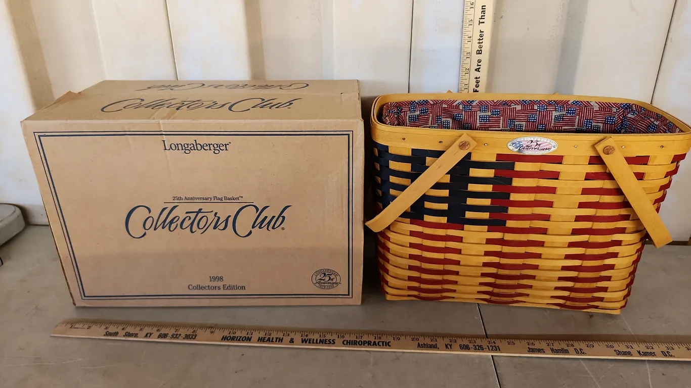 1998 Longaberger Collectors Club 25th Anniversary Flag Basket W/Liner & Protector 16"X9"X11"