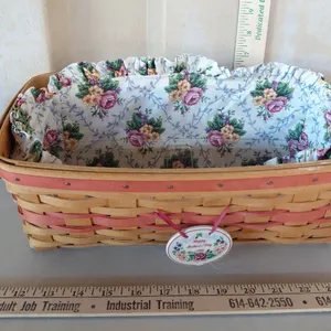 1996 Longaberger Happy Mothers Day VaniTY Basket W/Liner, Protector, & Tie On 14.25"X7.75"X6.5" Disc