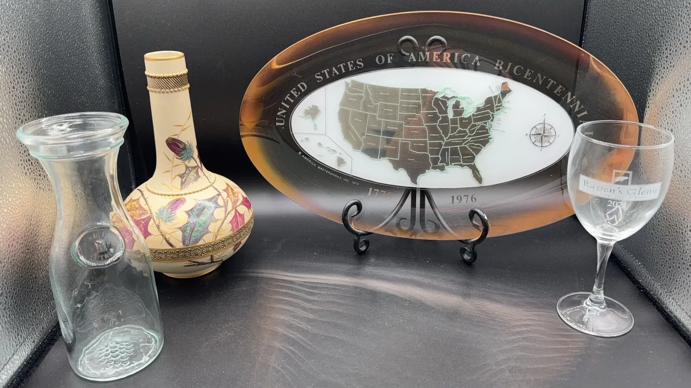 USA Bicentennial Glass Platter, Decorative Vase, Wine Glass and Carafe