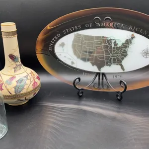 USA Bicentennial Glass Platter, Decorative Vase, Wine Glass and Carafe