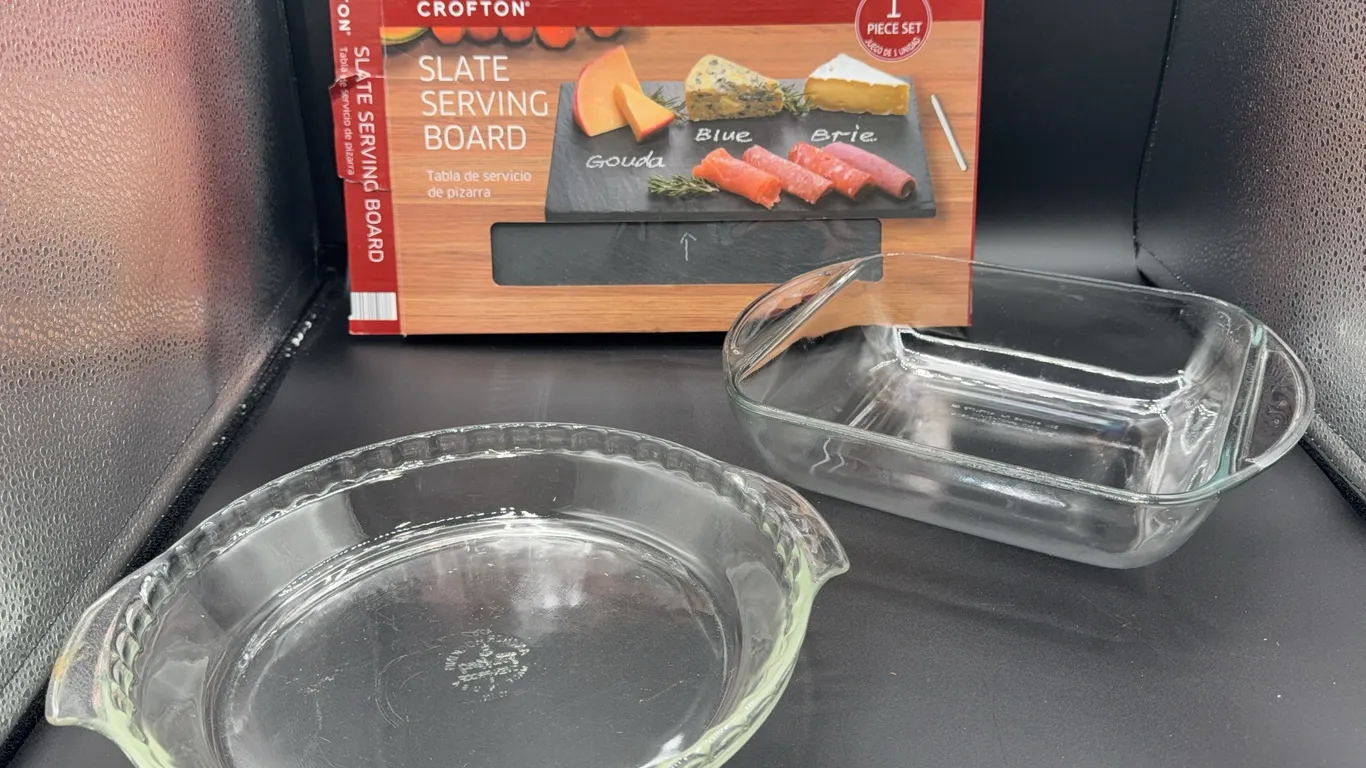 Slate Serving Board, Anchor Hocking Fire King Pie Plate, Square Glass Dish