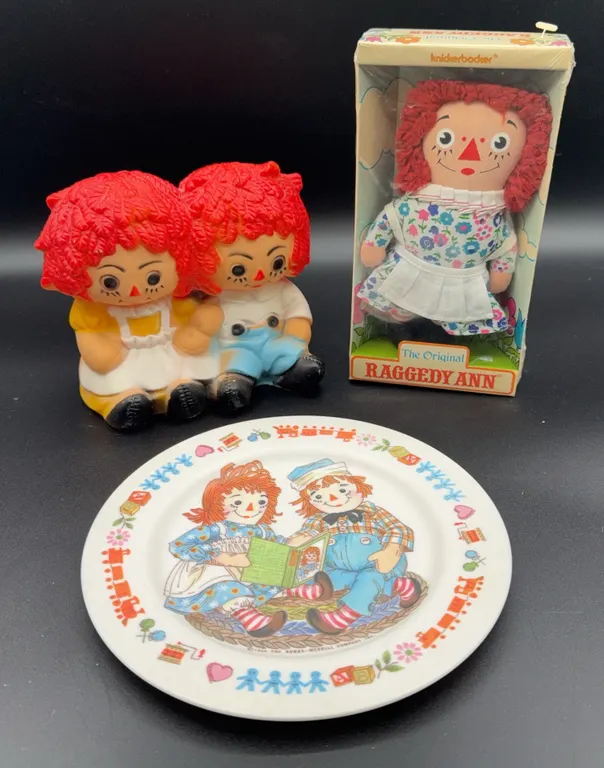 Vintage Nan San Raggedy Ann & Andy Rubber Nightlight, Oneida Plastic Plate, Knickerbocker Raggedy An
