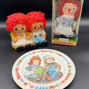 Vintage Nan San Raggedy Ann & Andy Rubber Nightlight, Oneida Plastic Plate, Knickerbocker Raggedy An