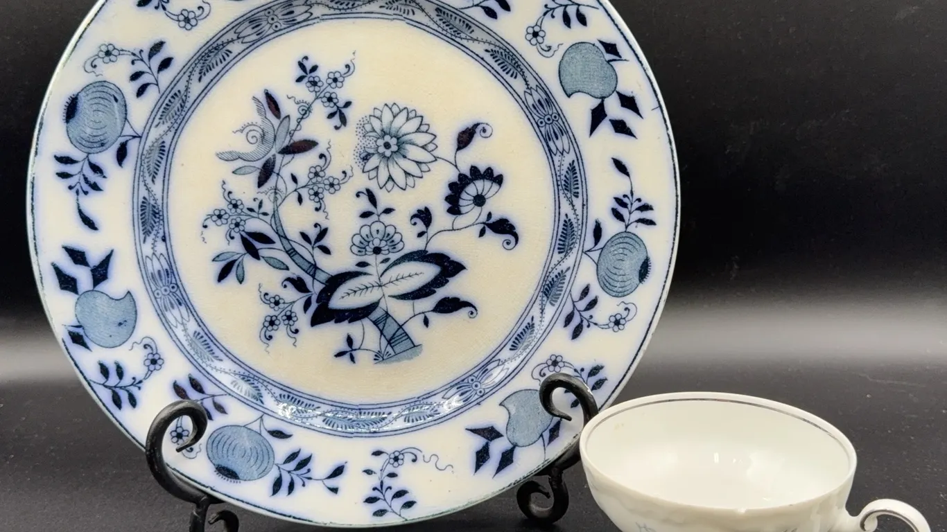 Staffordshire Flow Blue Onion Plate & Johann Haviland China Cup