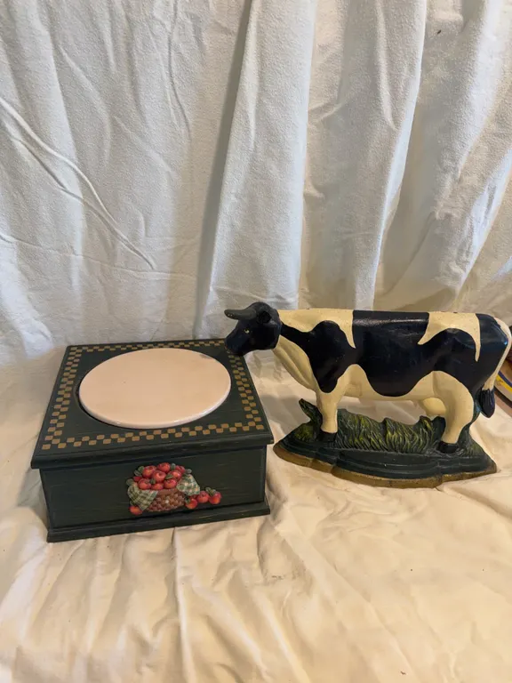 Cast Iron Cow and Wooden Box