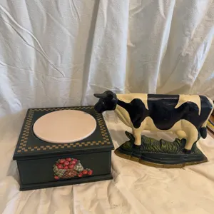 Cast Iron Cow and Wooden Box