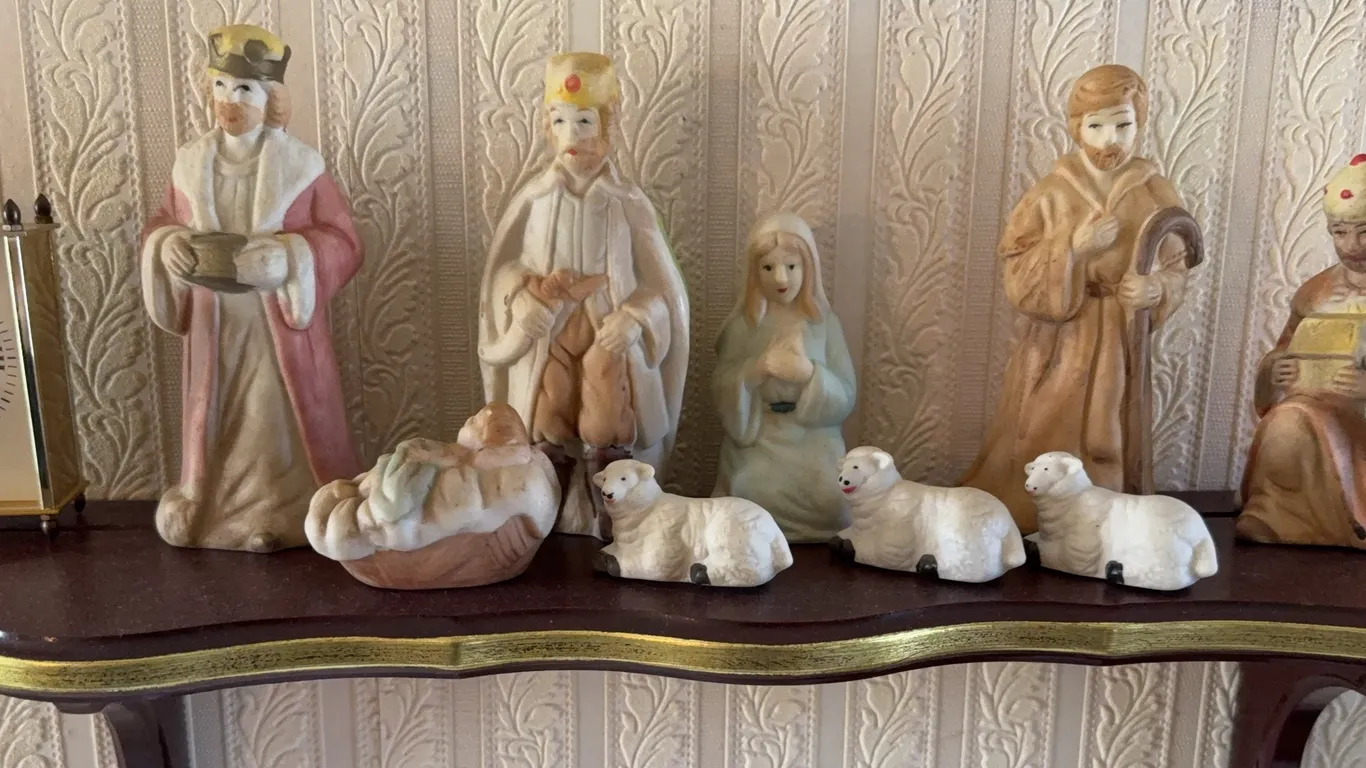 Ceramic nativity set on a shelf