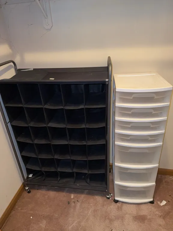 Clear storage bins and shoe organizer