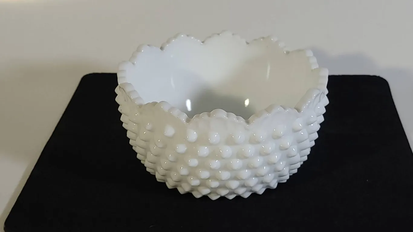White Hobnail Milk Glass Bowl With Scalloped Rim
