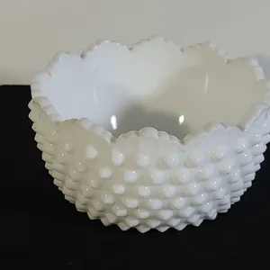 White Hobnail Milk Glass Bowl With Scalloped Rim