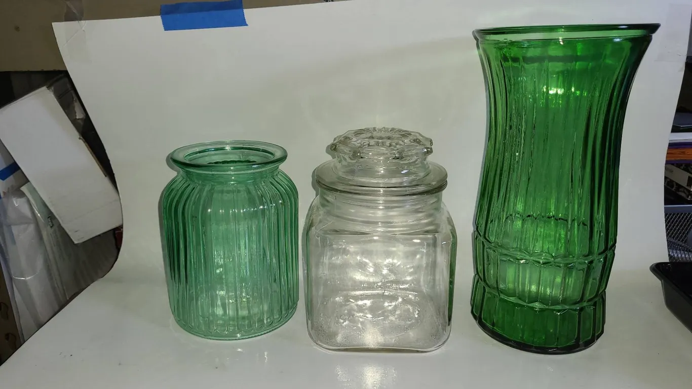 3 Glass Canisters and Vases, Green and Clear