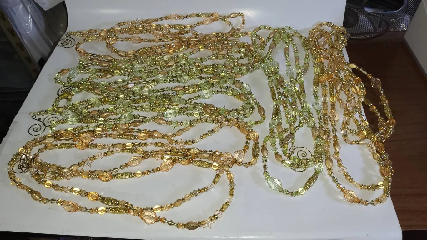 Six Christmas Garland Beaded Strands in Gold and Green Tones