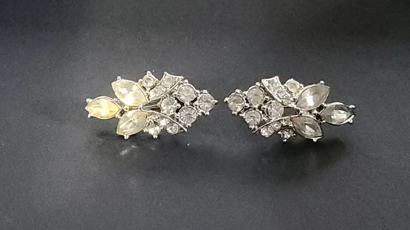 Rhinestone Leaf Motif Clip-On Earrings, Silver Tone