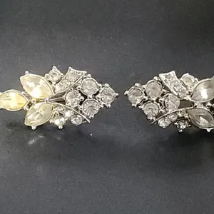 Rhinestone Leaf Motif Clip-On Earrings, Silver Tone