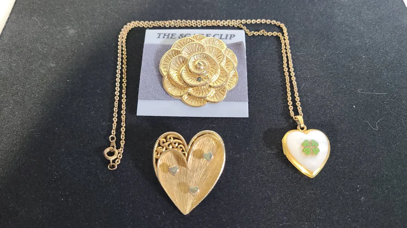 Gold Tone Heart Locket Necklace, Heart Pin, Rosette Clip Set