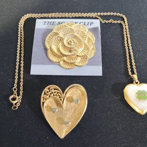 Gold Tone Heart Locket Necklace, Heart Pin, Rosette Clip Set