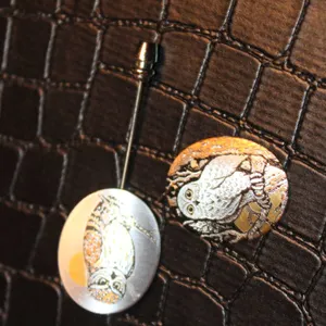 Damascene Owl Stick Pin and Pendant Signed Spain