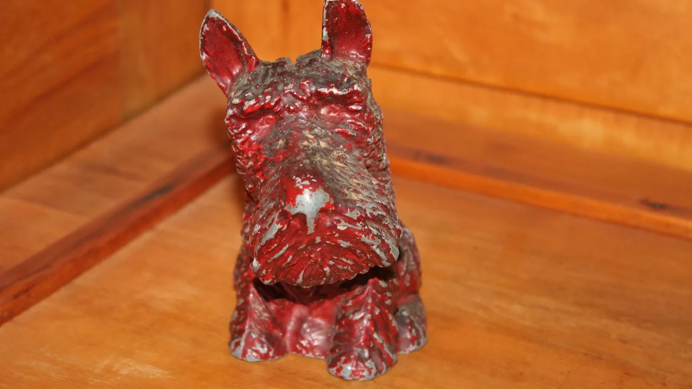 Cast Iron Scottie Dog Coin Bank with Red Paint Finish