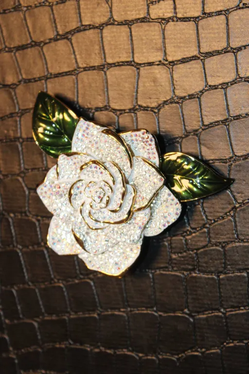 Crystal Rose Flower Brooch with Green Leaves and Gold Back