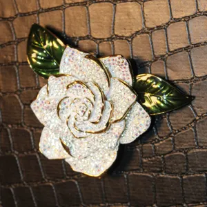Crystal Rose Flower Brooch with Green Leaves and Gold Back