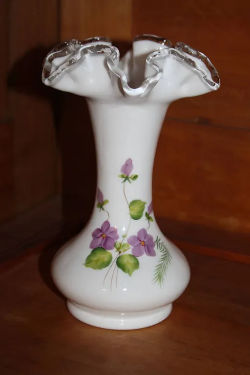 White Glass Vase With Ruffled Rim and Purple Floral Design