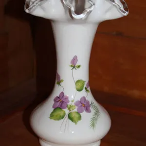 White Glass Vase With Ruffled Rim and Purple Floral Design