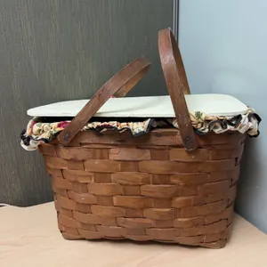 Woven Wood Basket with Hinged Lid and Fabric Liner