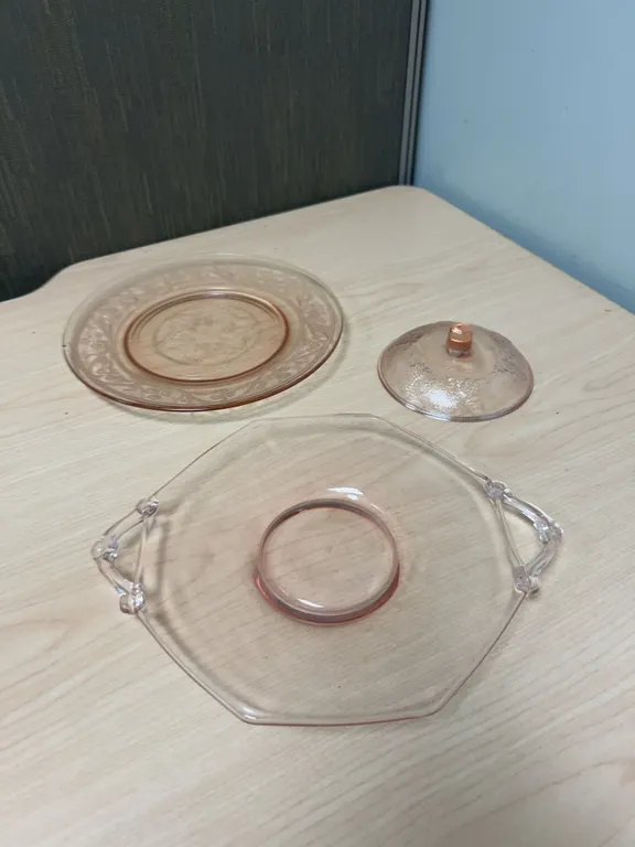 Pink Depression Glass Serving Plates and Lid Assortment