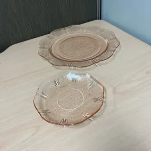 Pink Pressed Glass Plates with Floral Pattern, Set of 2