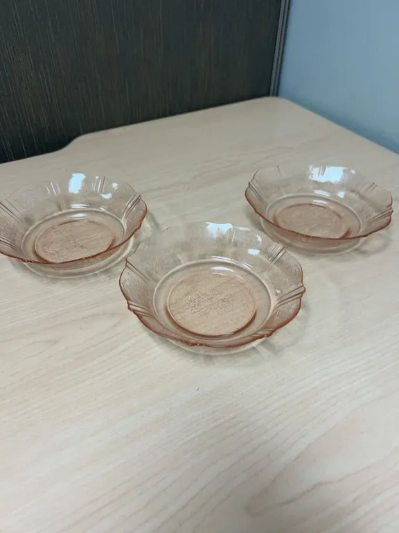 3 Pink Pressed Glass Bowls with Floral Pattern