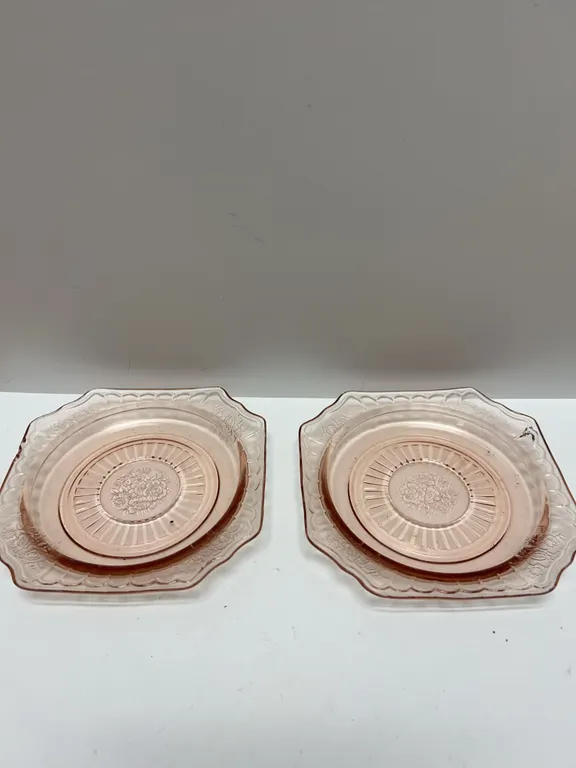 Four Pink Depression Glass Square Plates