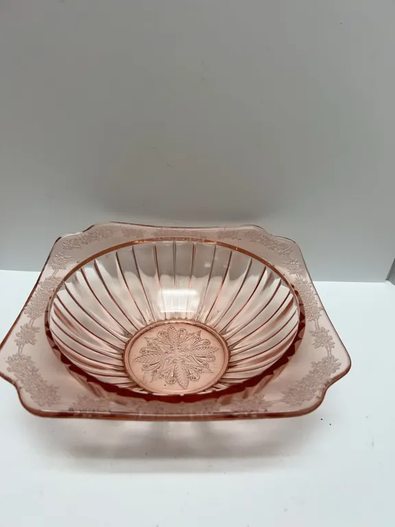 Pink Pressed Glass Bowl with Floral Pattern and Ribbed Sides