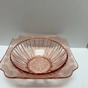 Pink Pressed Glass Bowl with Floral Pattern and Ribbed Sides