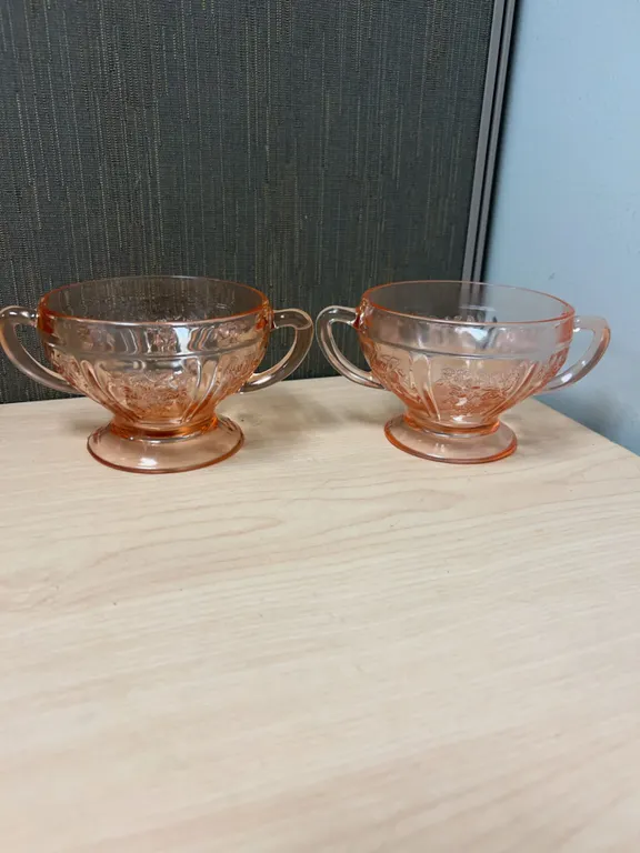 Pair Pink Depression Glass Sugar Bowls with Rose Pattern