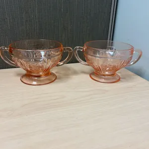 Pair Pink Depression Glass Sugar Bowls with Rose Pattern