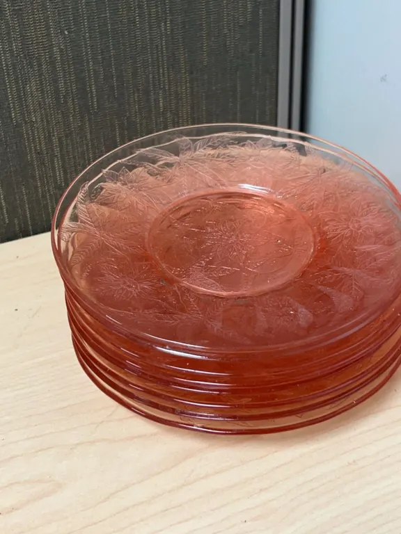 8 Pink Glass Plates with Floral Embossed Pattern