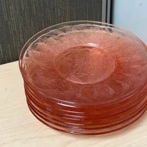 8 Pink Glass Plates with Floral Embossed Pattern