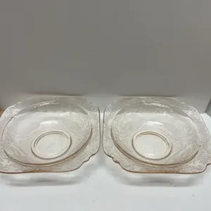 Pair Pink Glass Square Bowls with Embossed Floral Design