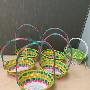 5 Woven Plastic Baskets with Colored Handles