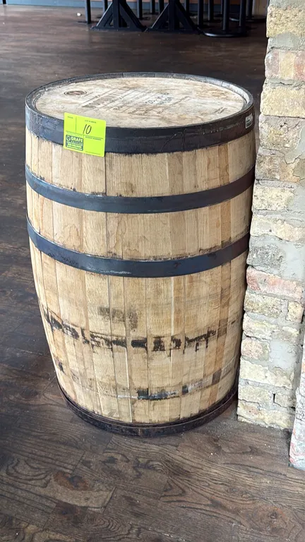 Woodinville bourbon whiskey American oak barrel. Crafted by Independent Stave Company (ISC). Features Char #4 charring, steel hoops, open bunghole, an