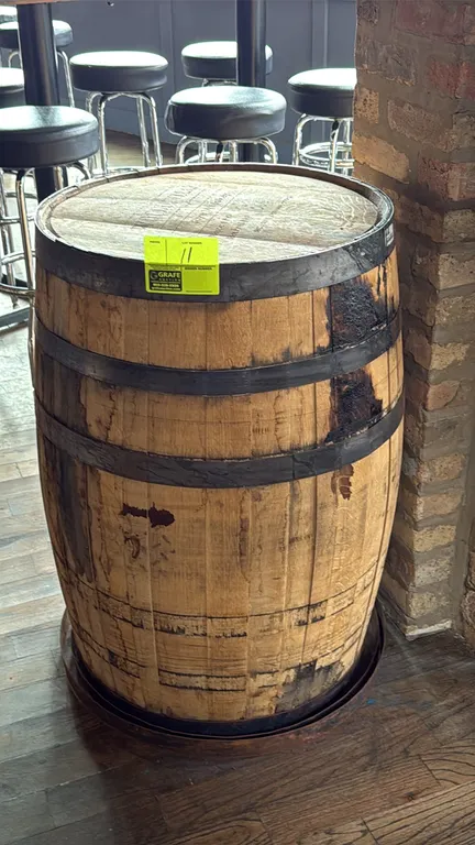 Woodinville American oak rye whiskey barrel. Crafted by Independent Stave Company (ISC Cooper's Select). Features steel hoops, Char #4 TH, open bungho