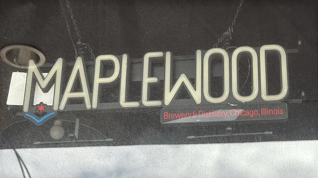 Maplewood Brewery & Distillery illuminated sign. Features illuminated lettering reading 'MAPLEWOOD' with lower graphic reading 'Brewery & Distillery,
