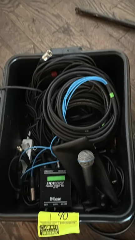 Audio equipment package including Shure SM58 microphone with clip and zippered pouch, Hosa DIB-443 Sidekick passive direct box, and assorted XLR micro