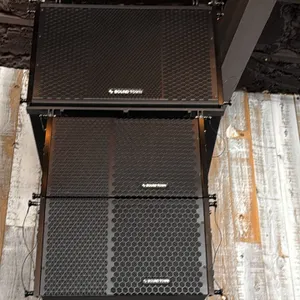 Sound Town powered line array speakers. Features black textured finish, perforated metal grilles, integrated rigging hardware, and rear amplifier conn