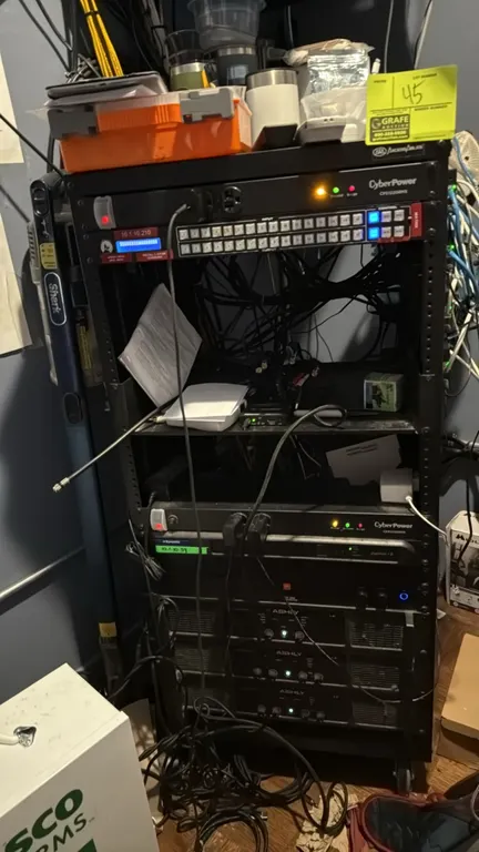AxcessAbles portable AV equipment rack with audio components. Includes Symetrix Jupiter 8 processor, JBL CSA 240Z DriveCore amplifier, (3) Ashly CA Se