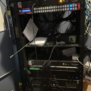AxcessAbles portable AV equipment rack with audio components. Includes Symetrix Jupiter 8 processor, JBL CSA 240Z DriveCore amplifier, (3) Ashly CA Se