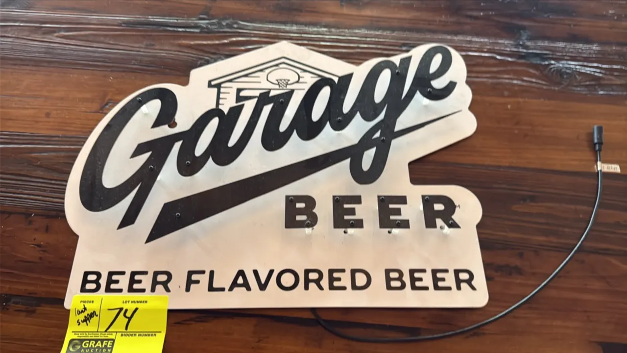Antigo Zeon 2300936P-EV2 Garage Beer lighted advertising sign. Features 'Beer Flavored Beer' graphic design with dimensional lettering. 20" x 15". S/N