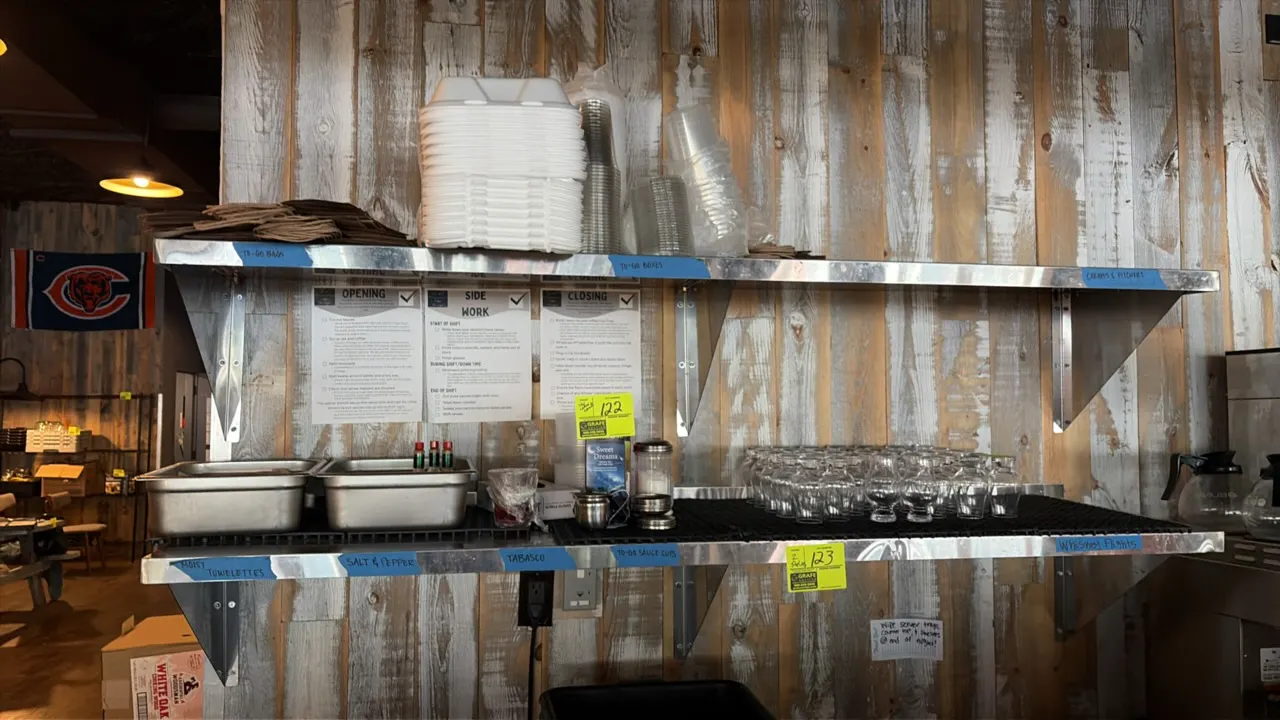 Stainless steel wall shelves. Features stainless steel construction and wall mounting brackets. 6'L. Contents not included.